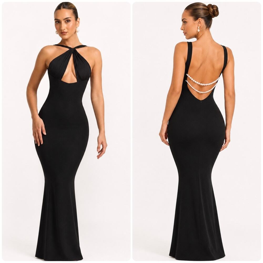 Oh Polly Xanthia black halter neck maxi dress pearl embellishments Size 10 New